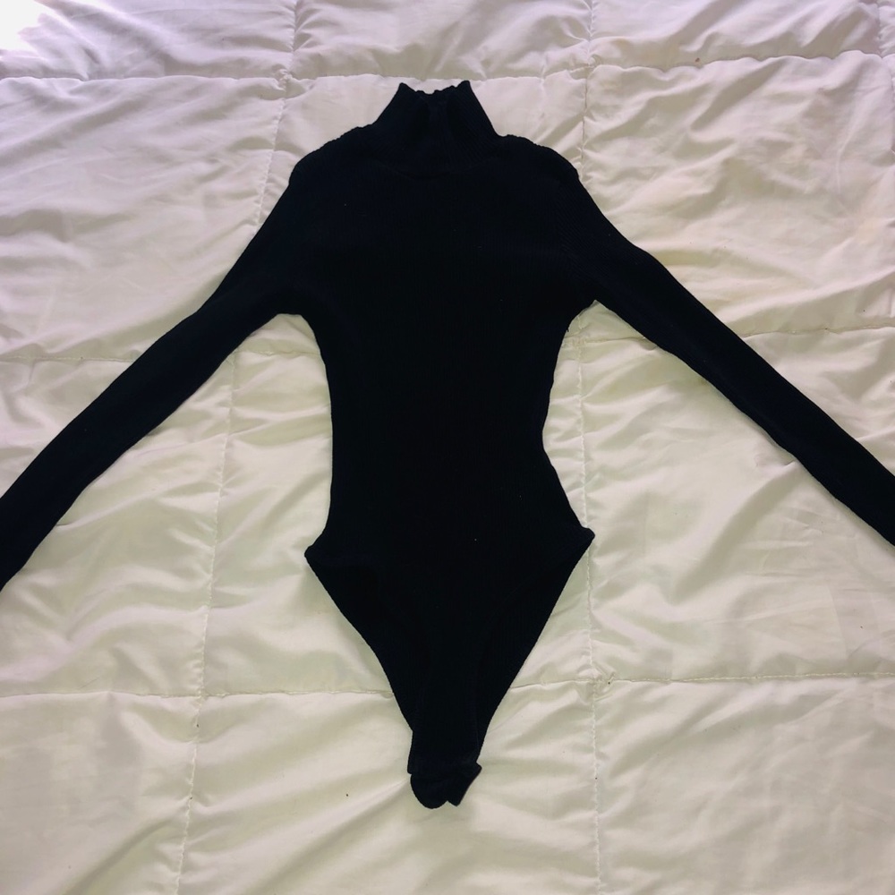 Black turtle neck thong bodysuit